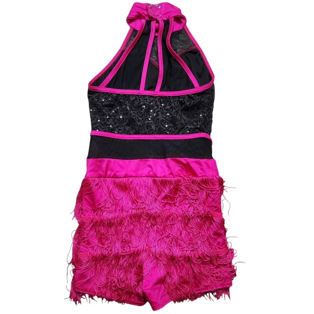 Weissman Showtime Forever Love Pink and Black Dance Costume with Fringe Size IC